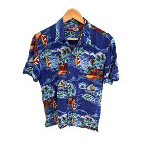 Vintage Thums Up Mens Hawaiian Shirt Island Print Short Sleeve Blue Size S